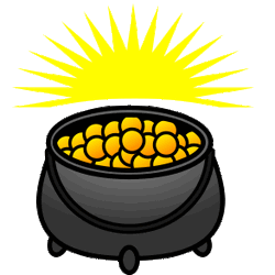 a cauldron full of gold circles, with shining gold 'sunbeams' above it.